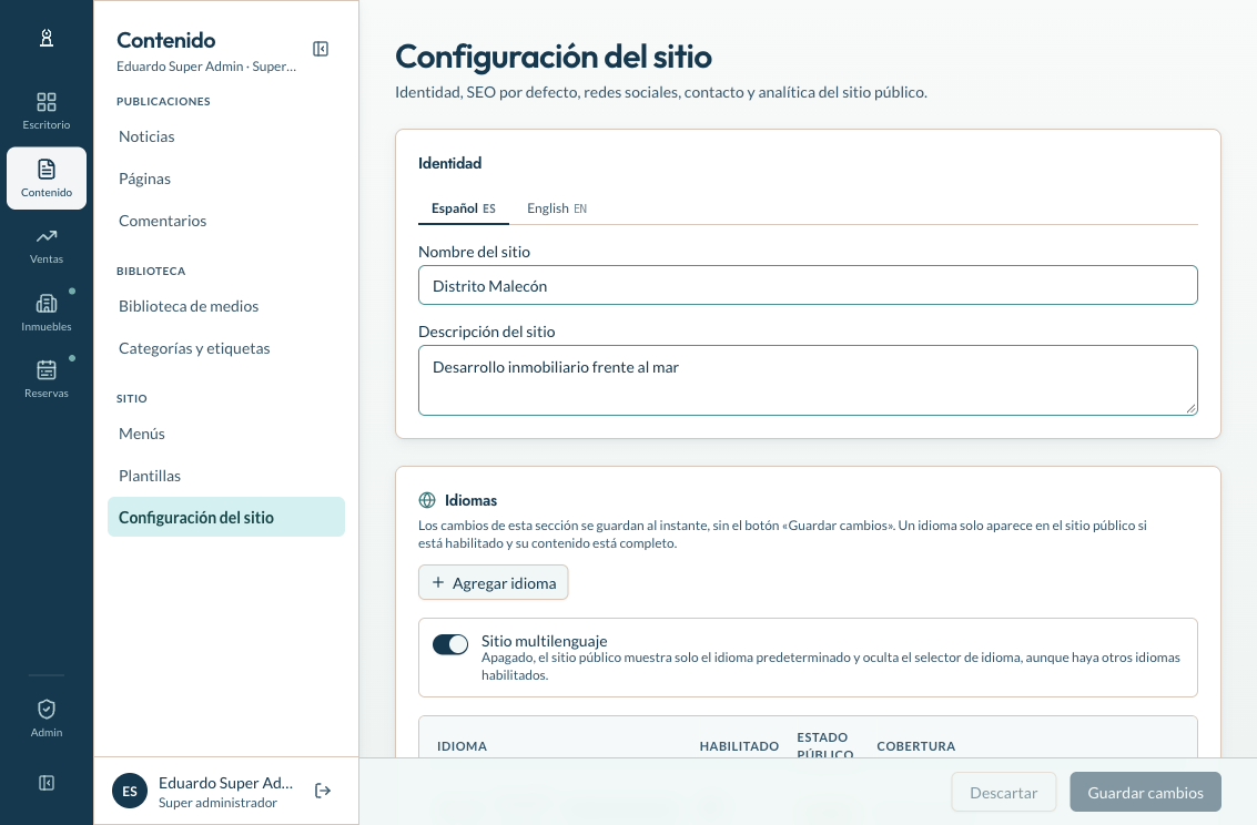 Configuración del Sitio y Cobertura de Traducción