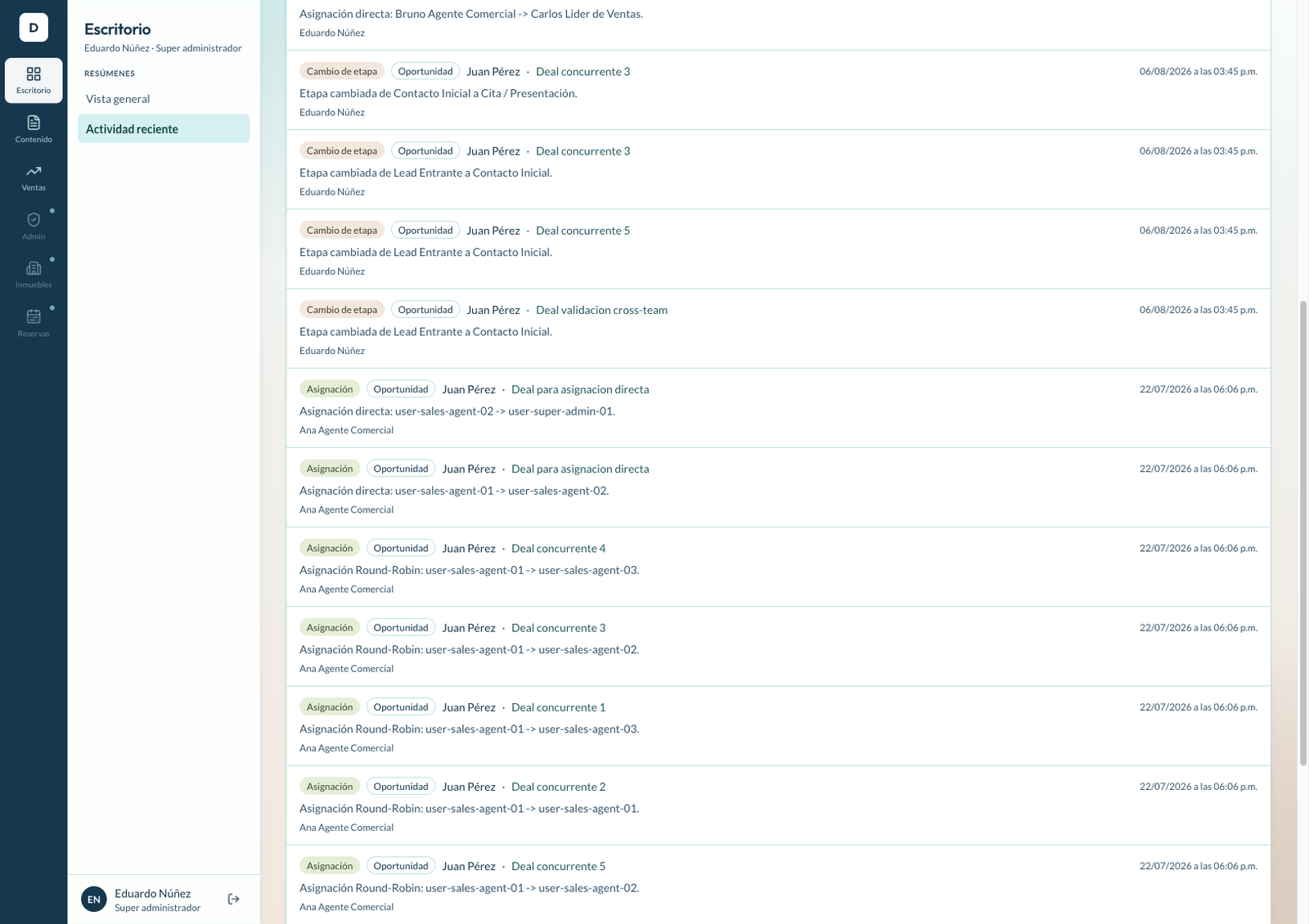 Actividad Reciente y Bitácora CRM